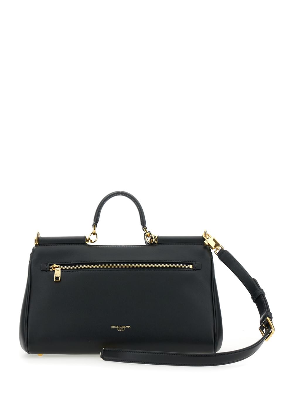 Dolce & Gabbana Women 'My Sicily' Black Medium Handbag With Lock Detail And Adjustable Removable Leather Shoulder Strap For Women