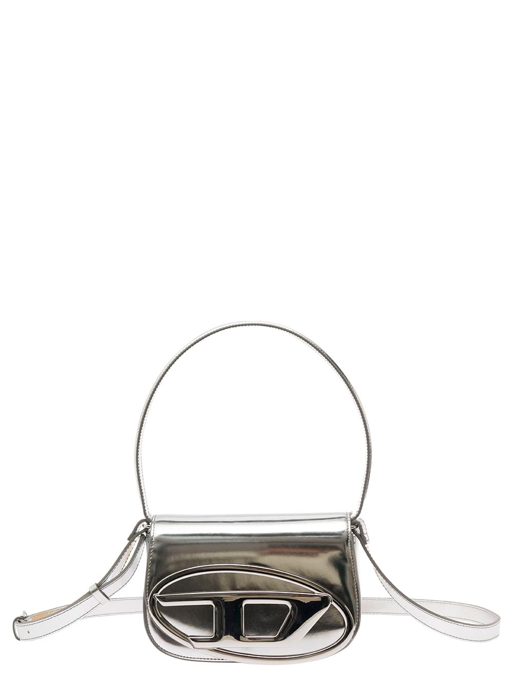 Diesel Women '1Dr' Silver Shoulder Bag  With Oval D Patch In Laminated Leather For Women
