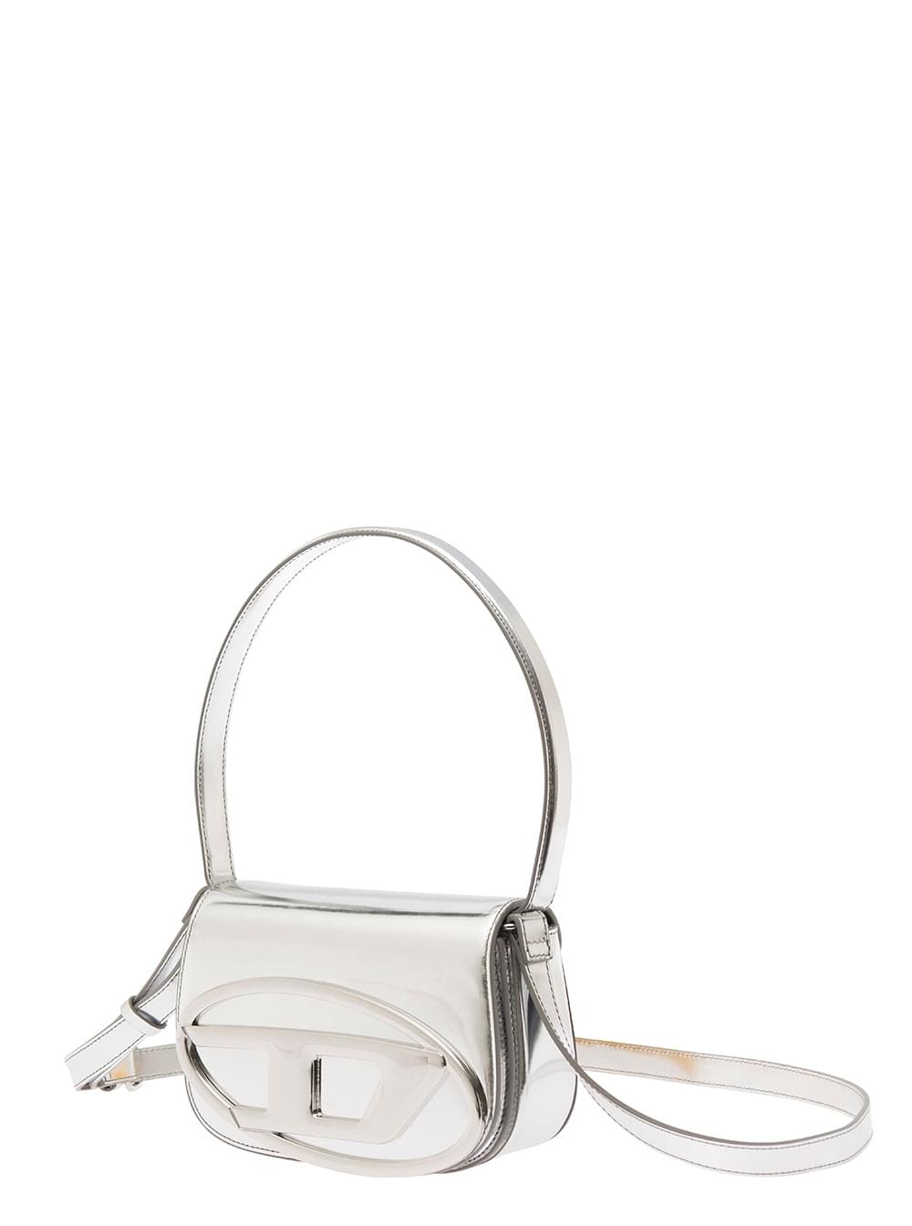 Diesel Women '1Dr' Silver Shoulder Bag  With Oval D Patch In Laminated Leather For Women