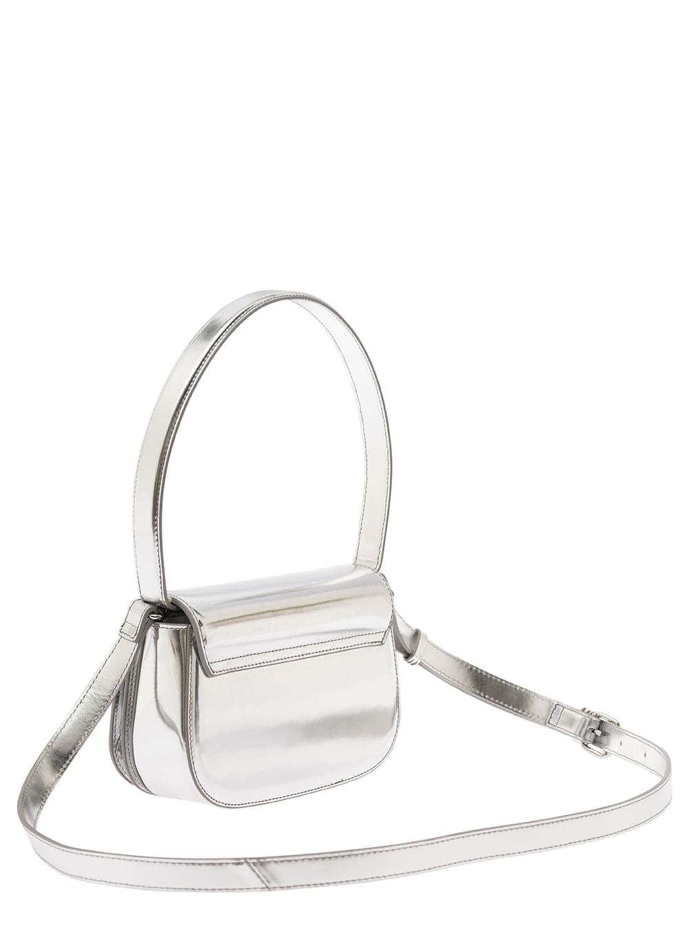 Diesel Women '1Dr' Silver Shoulder Bag  With Oval D Patch In Laminated Leather For Women