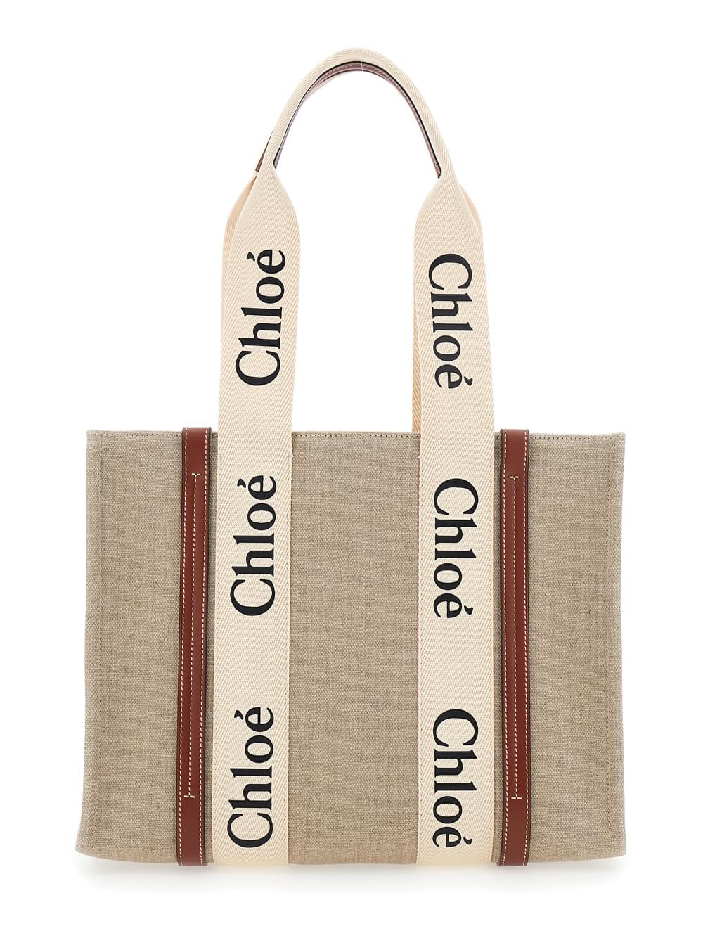 Chloé Women Handbag 'Woody' Medium With Logo Lettering On The Front In Beige Linen For Women