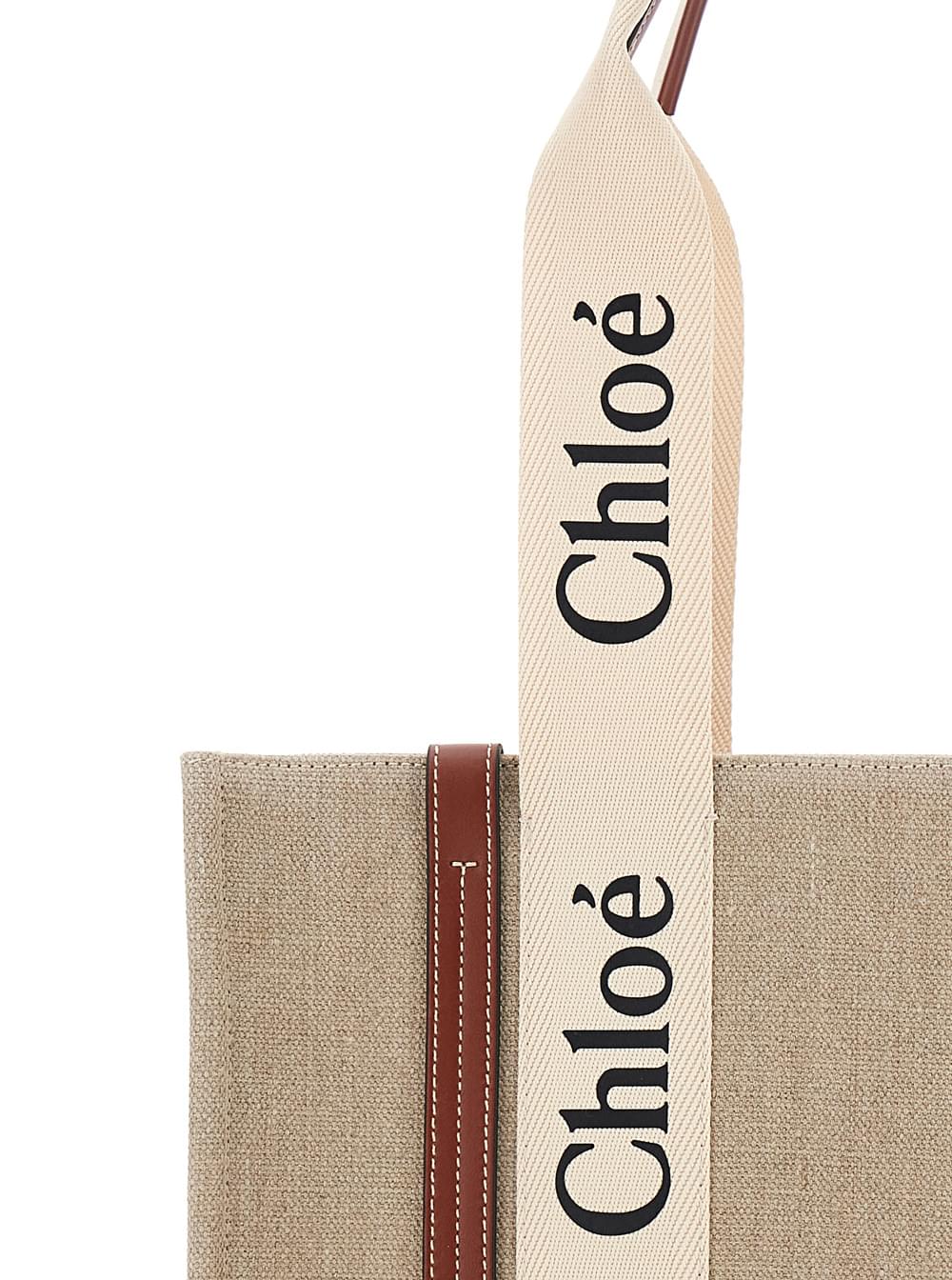 Chloé Women Handbag 'Woody' Medium With Logo Lettering On The Front In Beige Linen For Women