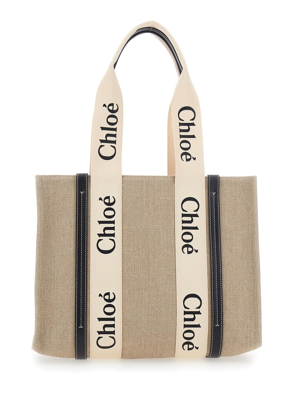 Chloé Women Handbag 'Medium Woody' With Logo Lettering On The Front In Beige Linen For Women