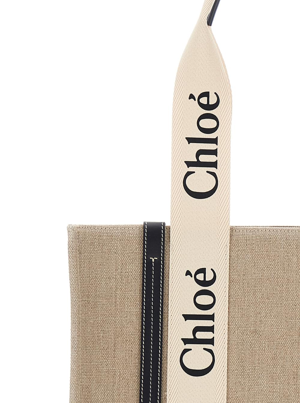 Chloé Women Handbag 'Medium Woody' With Logo Lettering On The Front In Beige Linen For Women