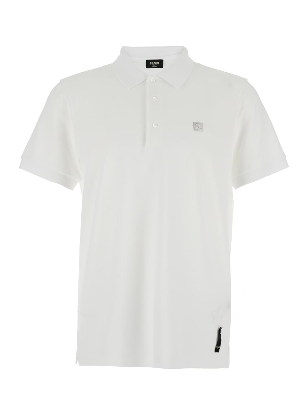 Fendi Men White Polo With Classic Collar And Metal Ff Plate On The Front For Men