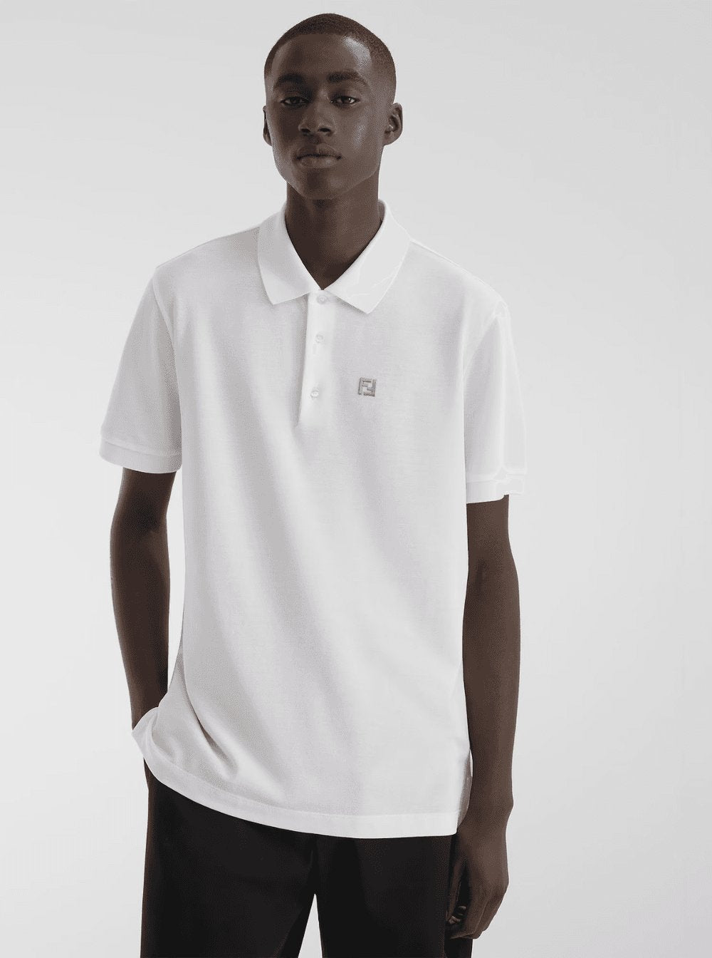Fendi Men White Polo With Classic Collar And Metal Ff Plate On The Front For Men