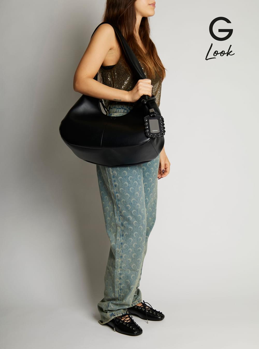 Ganni Women Shoulder Bag 'Bou Bag Hobo Medium' With Shoulder Strap And Removable Black Leather Logo Patch For Women