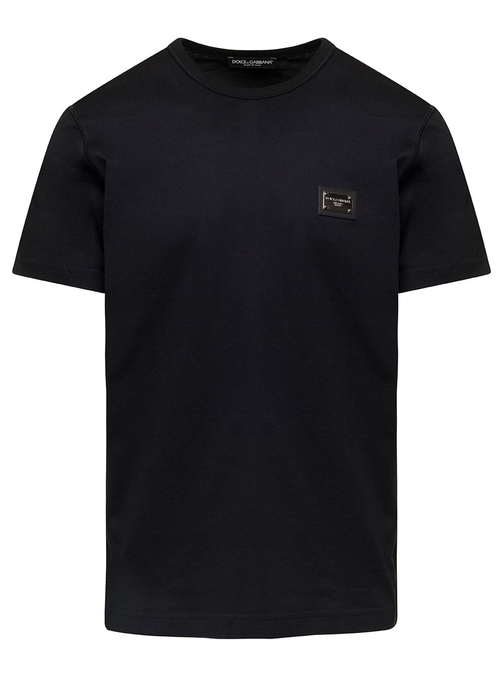 Dolce & Gabbana Men Black T-Shirt With Logo Tag Detail On The Front In Cotton Man