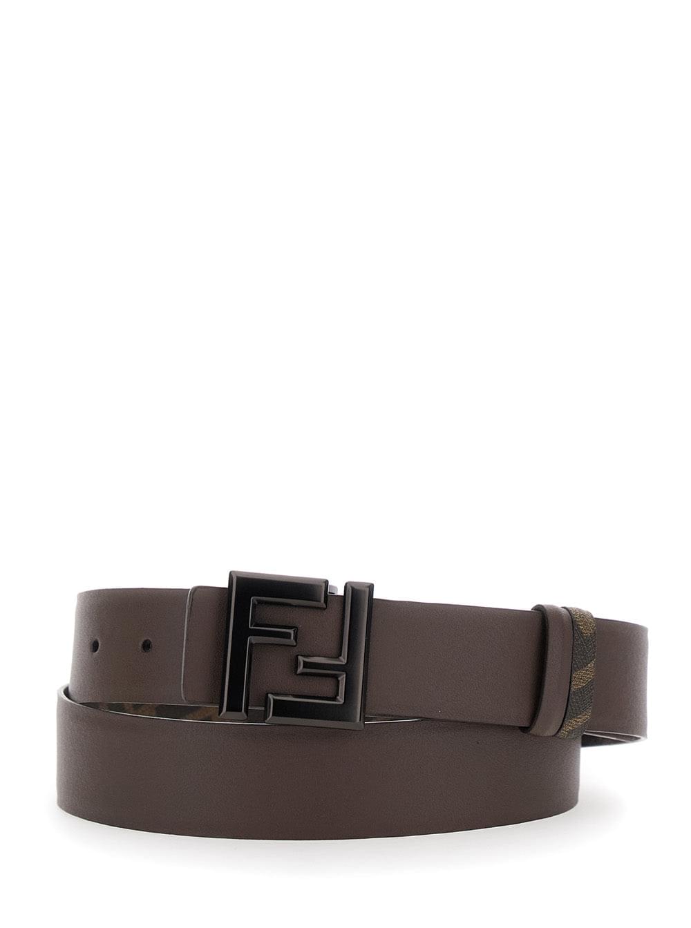 Fendi Men Belt With Ff Metallica Logo Plate And Brown Leather Front For Men