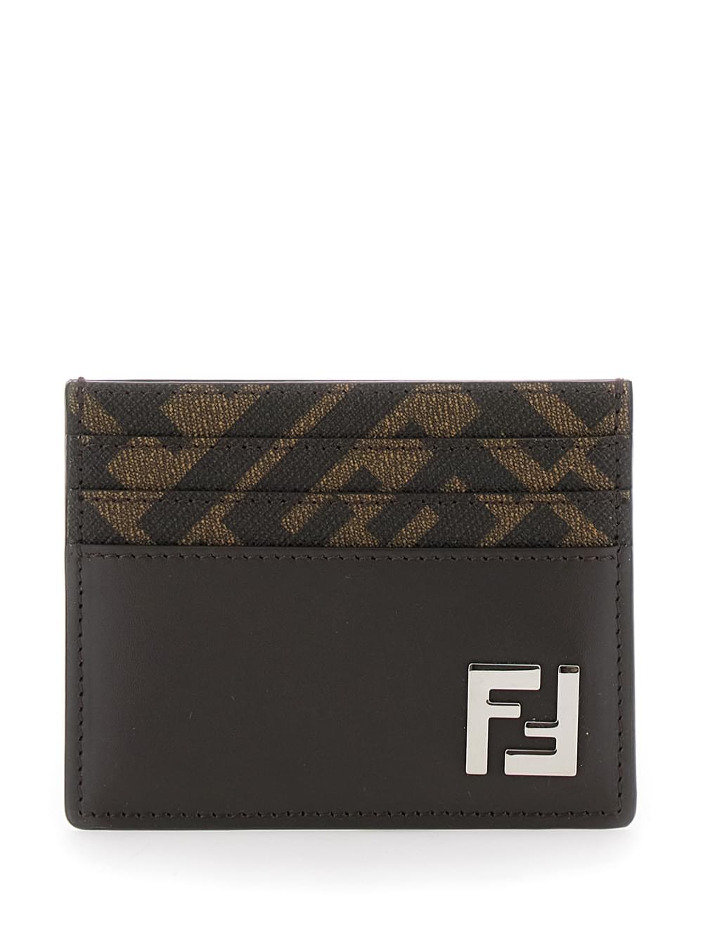 Fendi Men Squared Ff Card Holder In Leather And Ff Canvas Brown Men