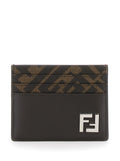 Fendi Men Squared Ff Card Holder In Leather And Ff Canvas Brown Men