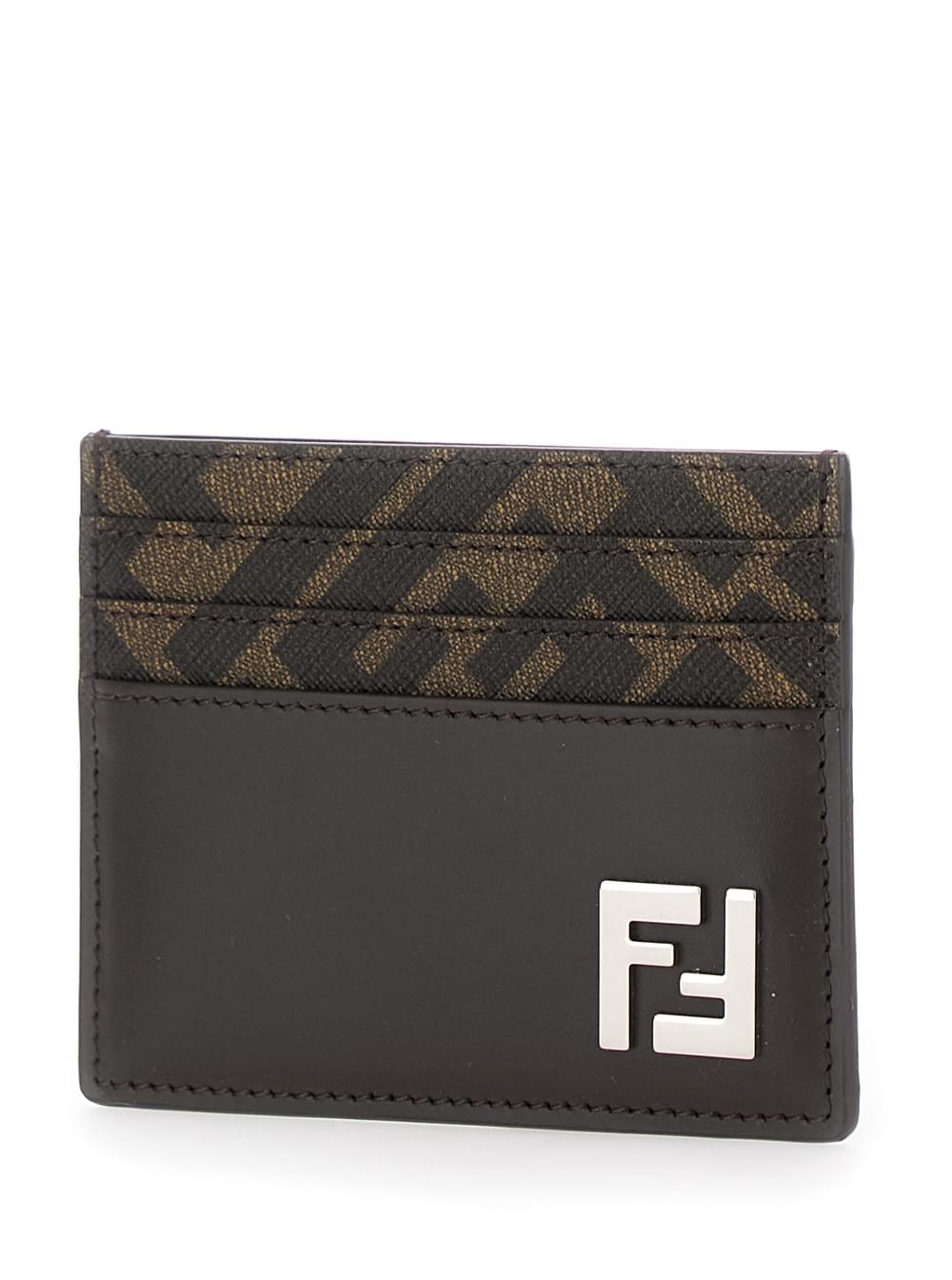 Fendi Men Squared Ff Card Holder In Leather And Ff Canvas Brown Men