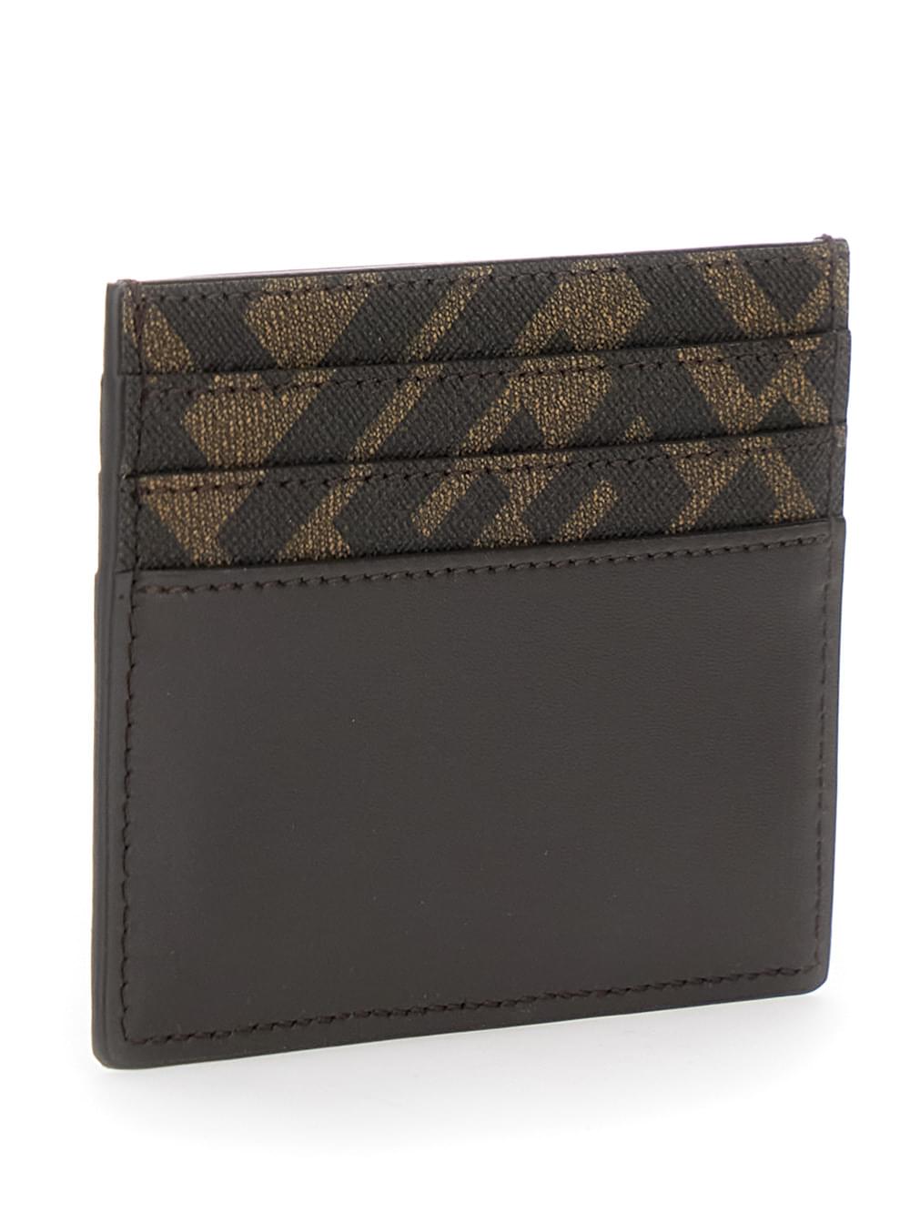 Fendi Men Squared Ff Card Holder In Leather And Ff Canvas Brown Men