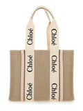 Chloé Women Handbag 'Medium Woody' With Logo In Linen Canvas Beige Woman