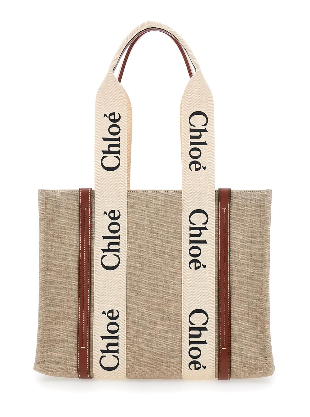 Chloé Women Handbag 'Woody' Medium With Logo Lettering On The Front In Beige Linen For Women