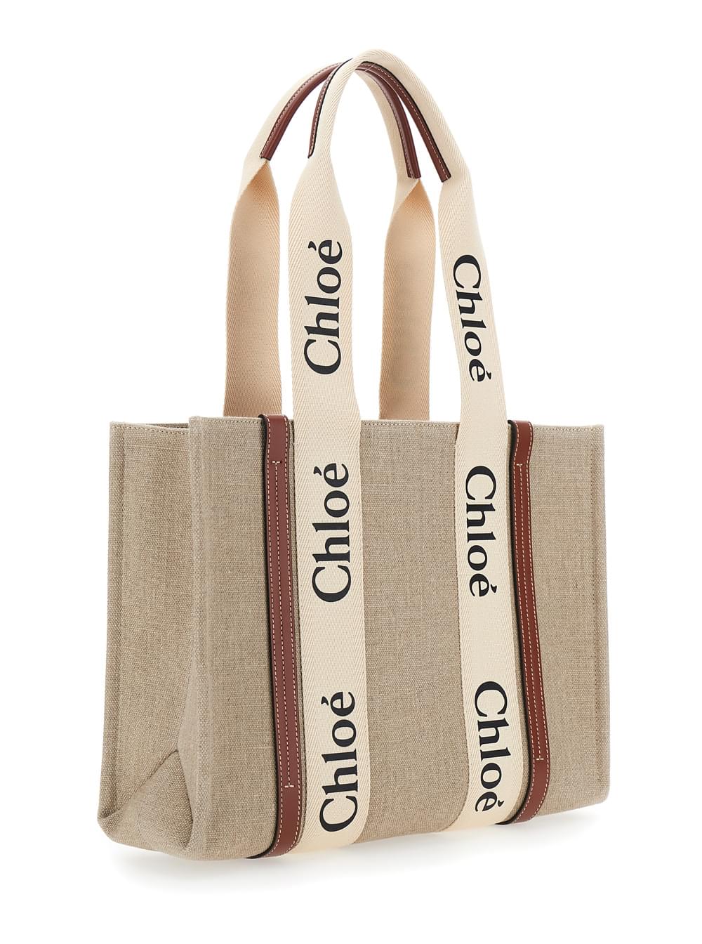 Chloé Women Handbag 'Woody' Medium With Logo Lettering On The Front In Beige Linen For Women