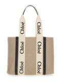 Chloé Women Handbag 'Medium Woody' With Logo Lettering On The Front In Beige Linen For Women