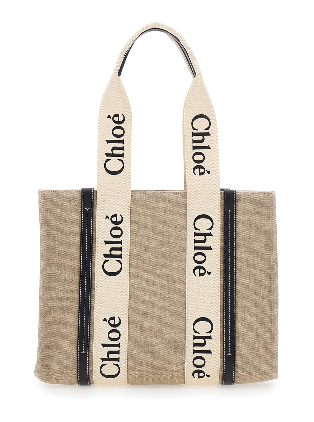Chloé Women Handbag 'Medium Woody' With Logo Lettering On The Front In Beige Linen For Women