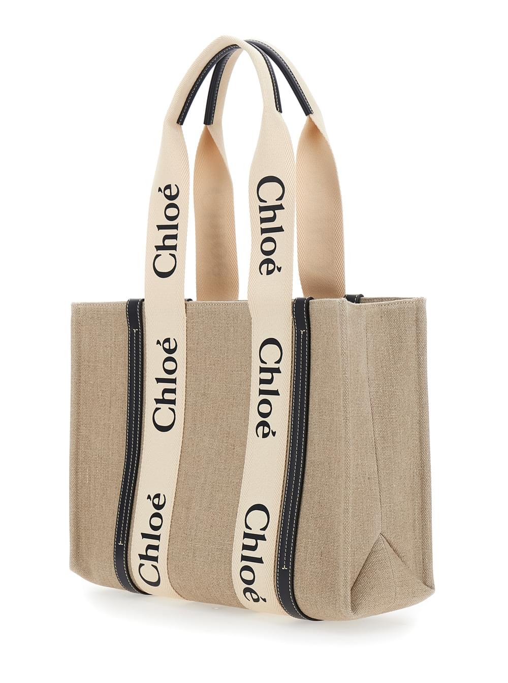 Chloé Women Handbag 'Medium Woody' With Logo Lettering On The Front In Beige Linen For Women