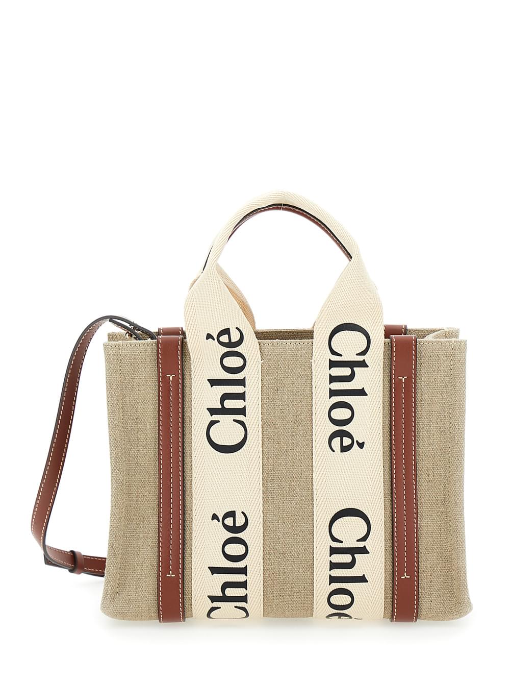 Chloé Women Tote Bag 'Woody' With Logoed Straps In Canvas And Leather Beige Woman
