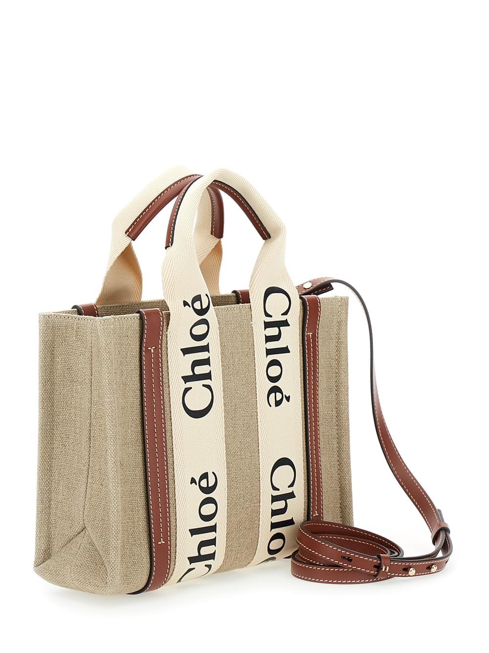 Chloé Women Tote Bag 'Woody' With Logoed Straps In Canvas And Leather Beige Woman