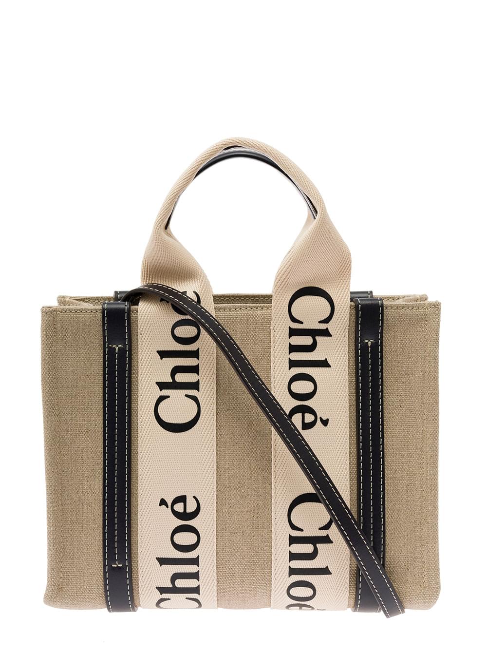 Chloé Women Tote Bag 'Woody' With Leather And Linen Strap In Beige For Women