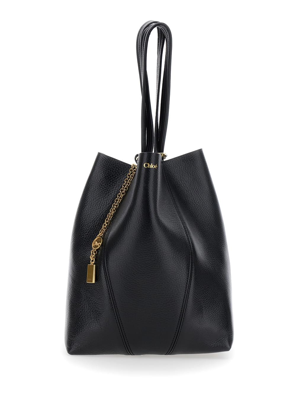 Chloé Women Shoulder Bag 'Spin' With Logoed Metal Medals In Black Grained Leather For Women