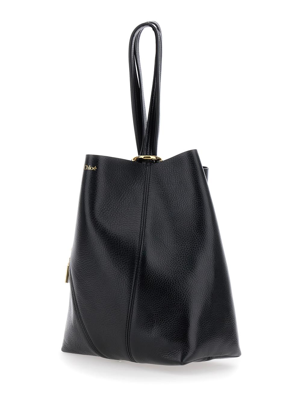 Chloé Women Shoulder Bag 'Spin' With Logoed Metal Medals In Black Grained Leather For Women