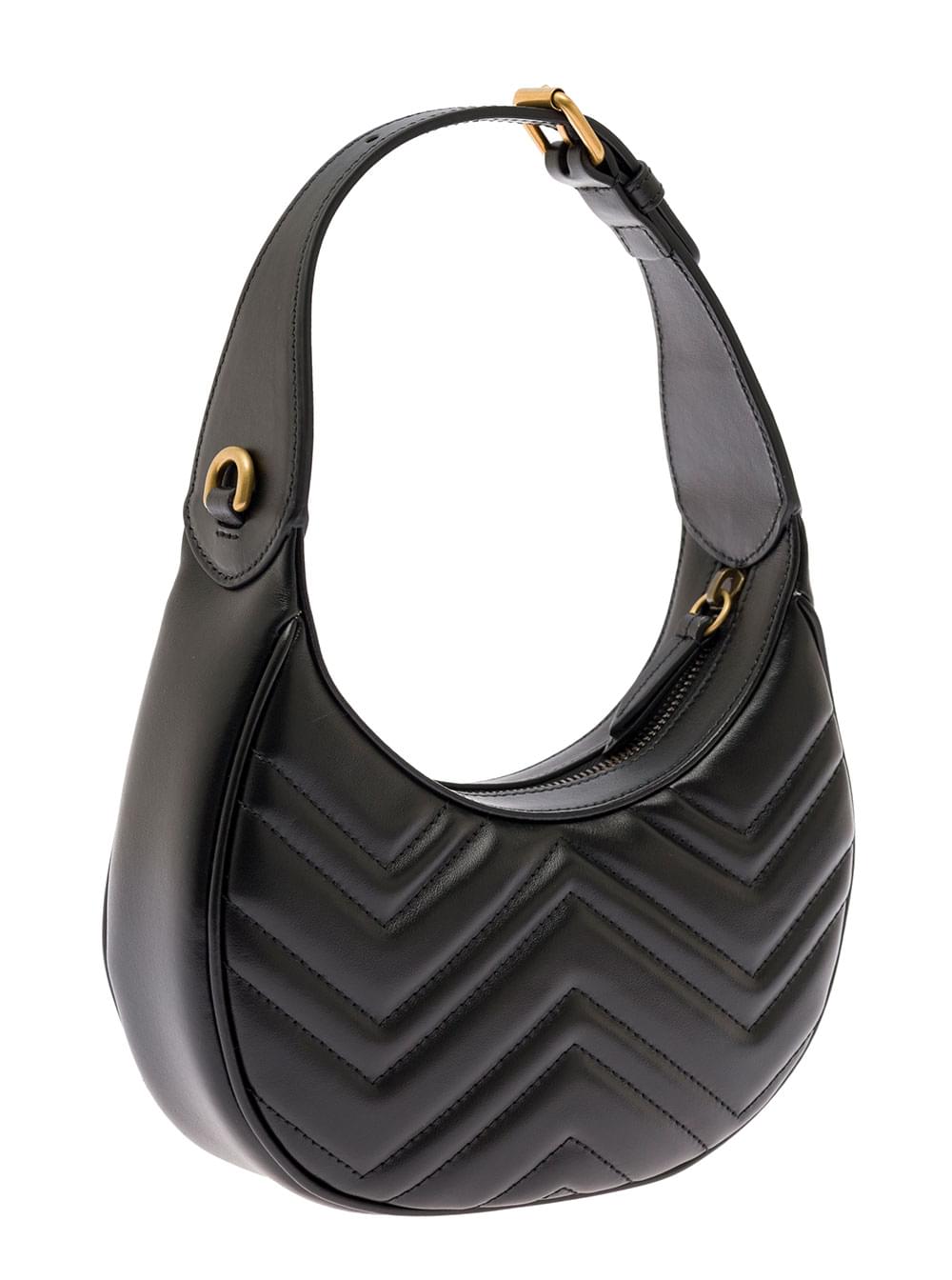 Gucci Women Shoulder Bag 'Gg Marmont' In Black Chevron Leather For Women
