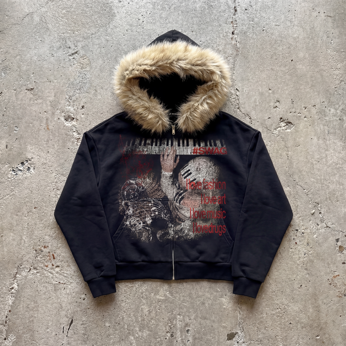 Keys Furr Black Cropped 400GSM Zip-Up Hoodie