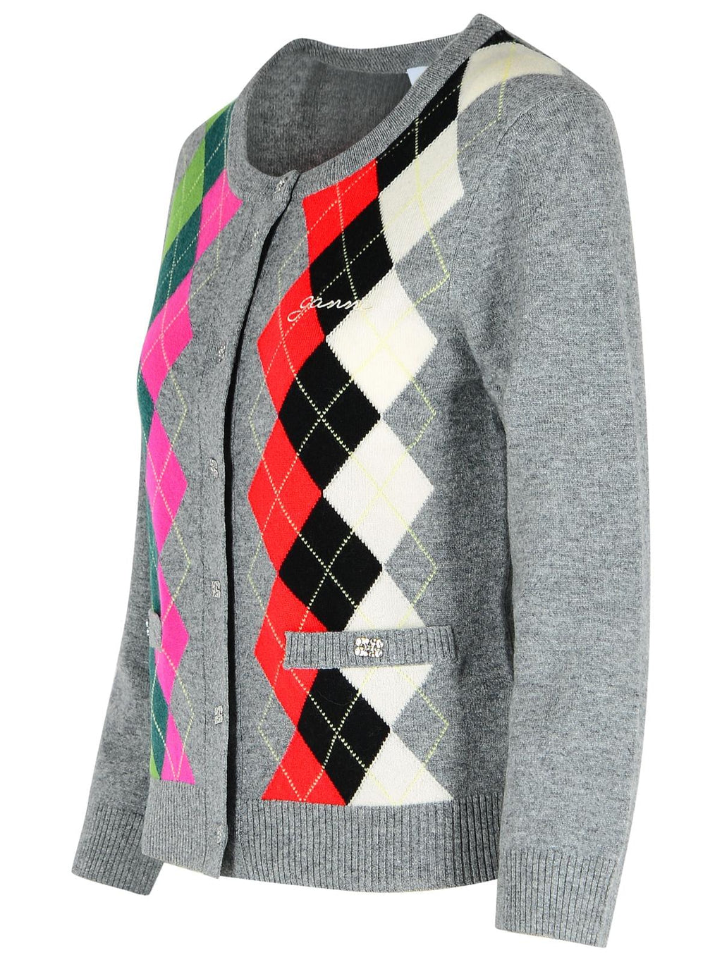 Ganni Grey Checked Cashmere Blend Cardigan Women