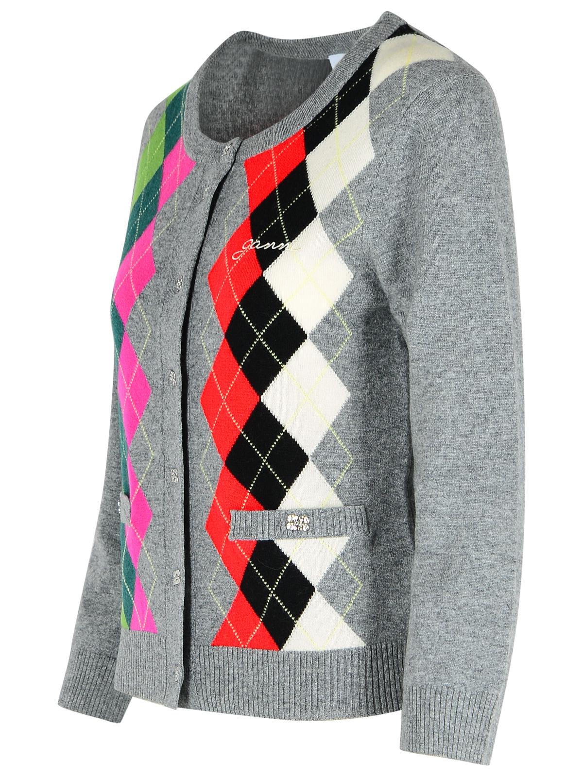 Ganni Grey Checked Cashmere Blend Cardigan Women