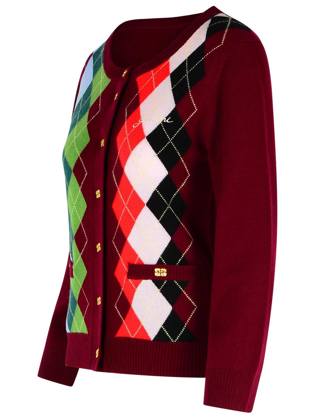 Ganni Burgundy Merino Wool Blend Check Cardigan Women