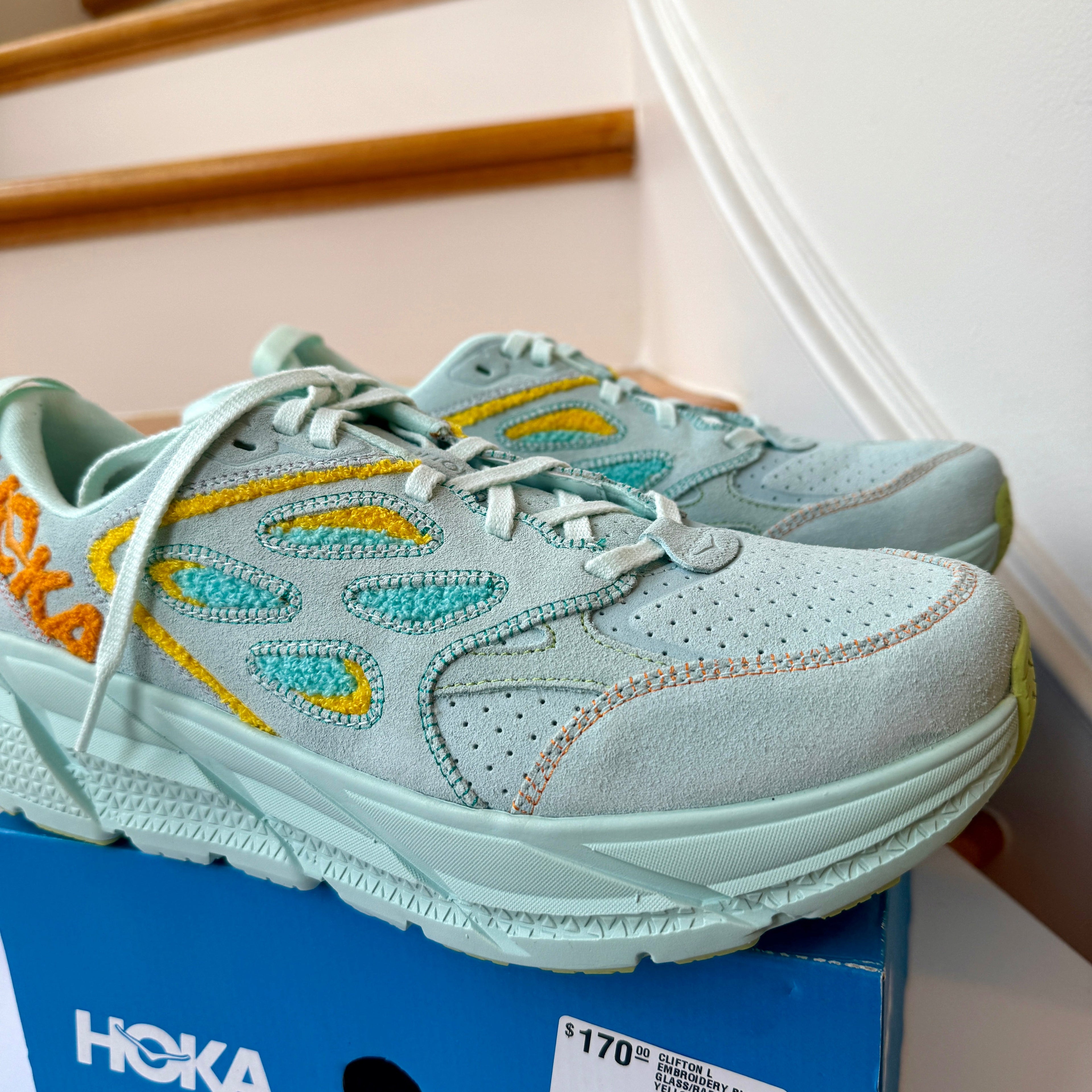 Hoka Clifton L Embroidery UNISEX Shoes Leather blue glass yellow aqua