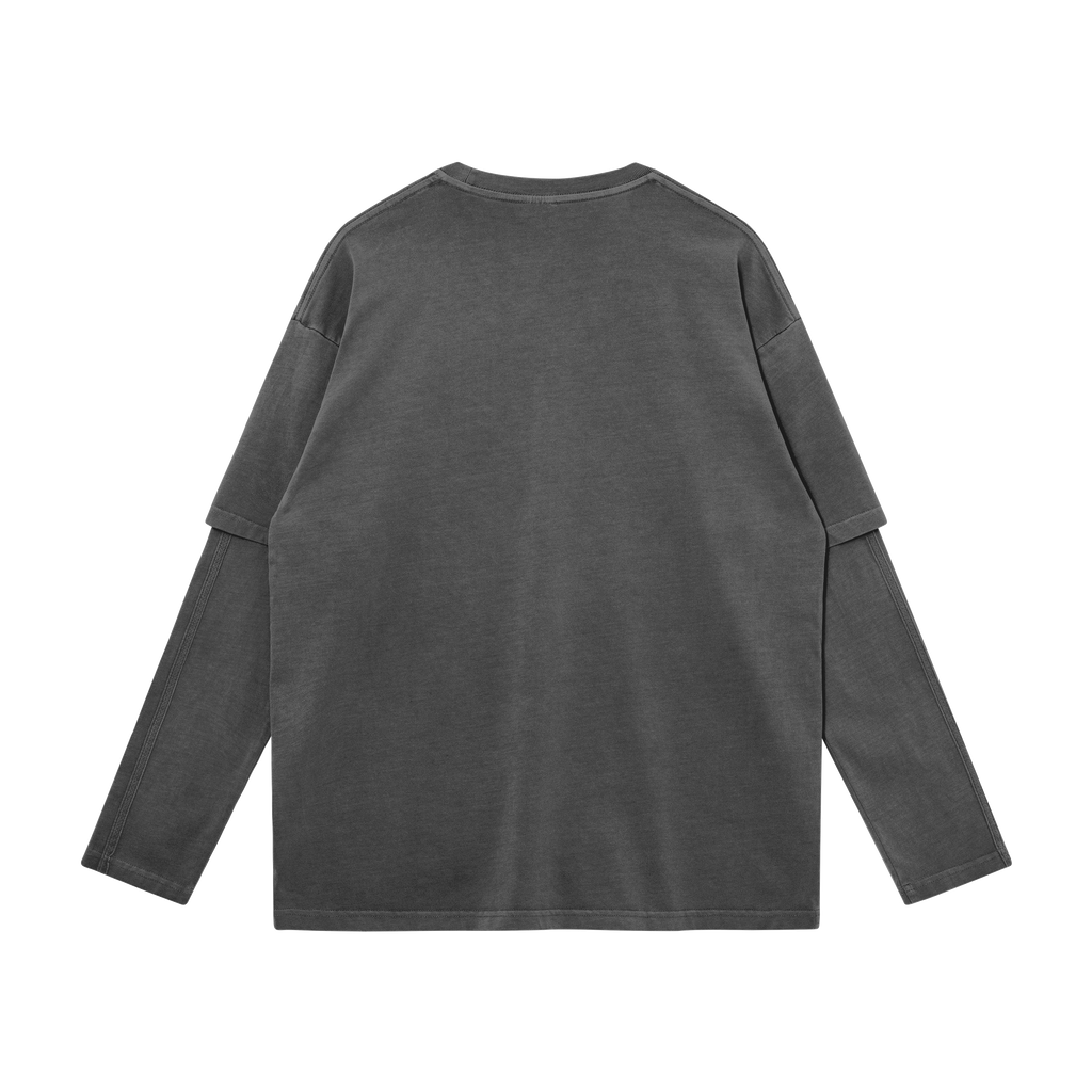 Dog Bite Streetwear Faux Layered Long Sleeve Tee In Faded Dark Grey 230 GSM Durable True To Size