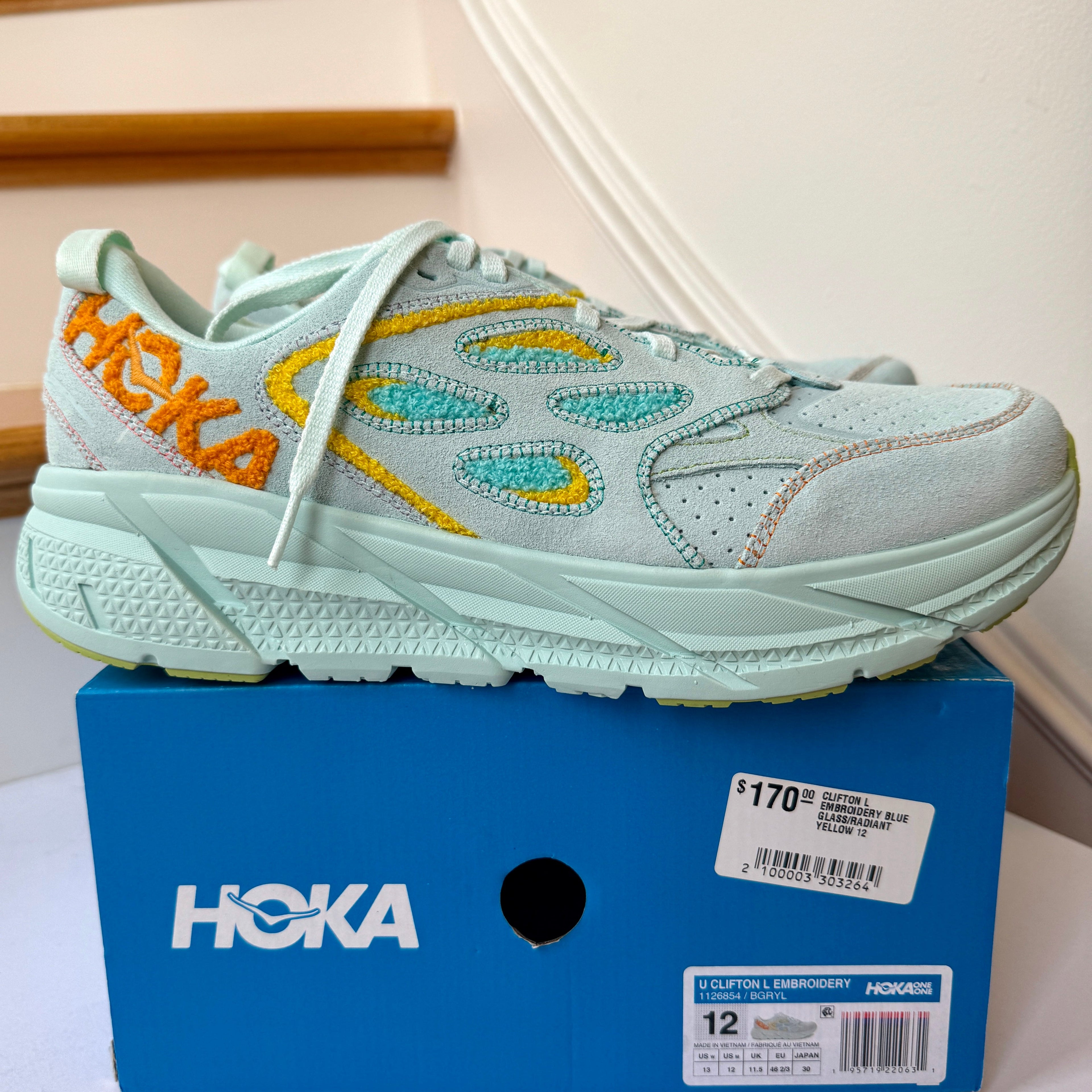 Hoka Clifton L Embroidery UNISEX Shoes Leather blue glass yellow aqua