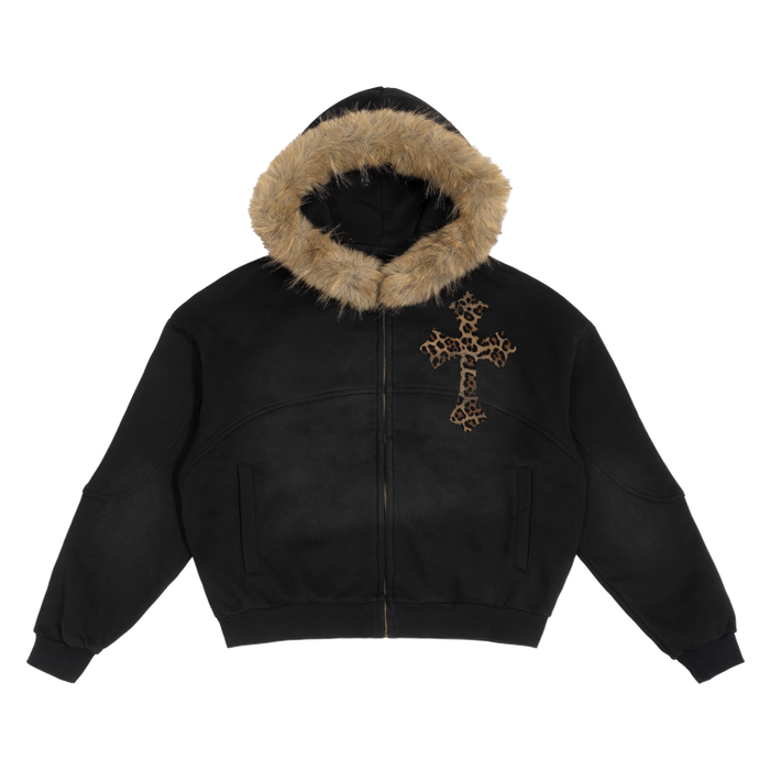 Black Sun Fade Boxy Hoodie With Detachable Fur Hood