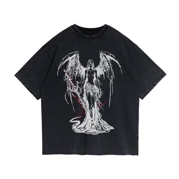 Fallen Angel Garment Dyed Streetwear Tee 260GSM Black Cotton With Faded Raw Hem