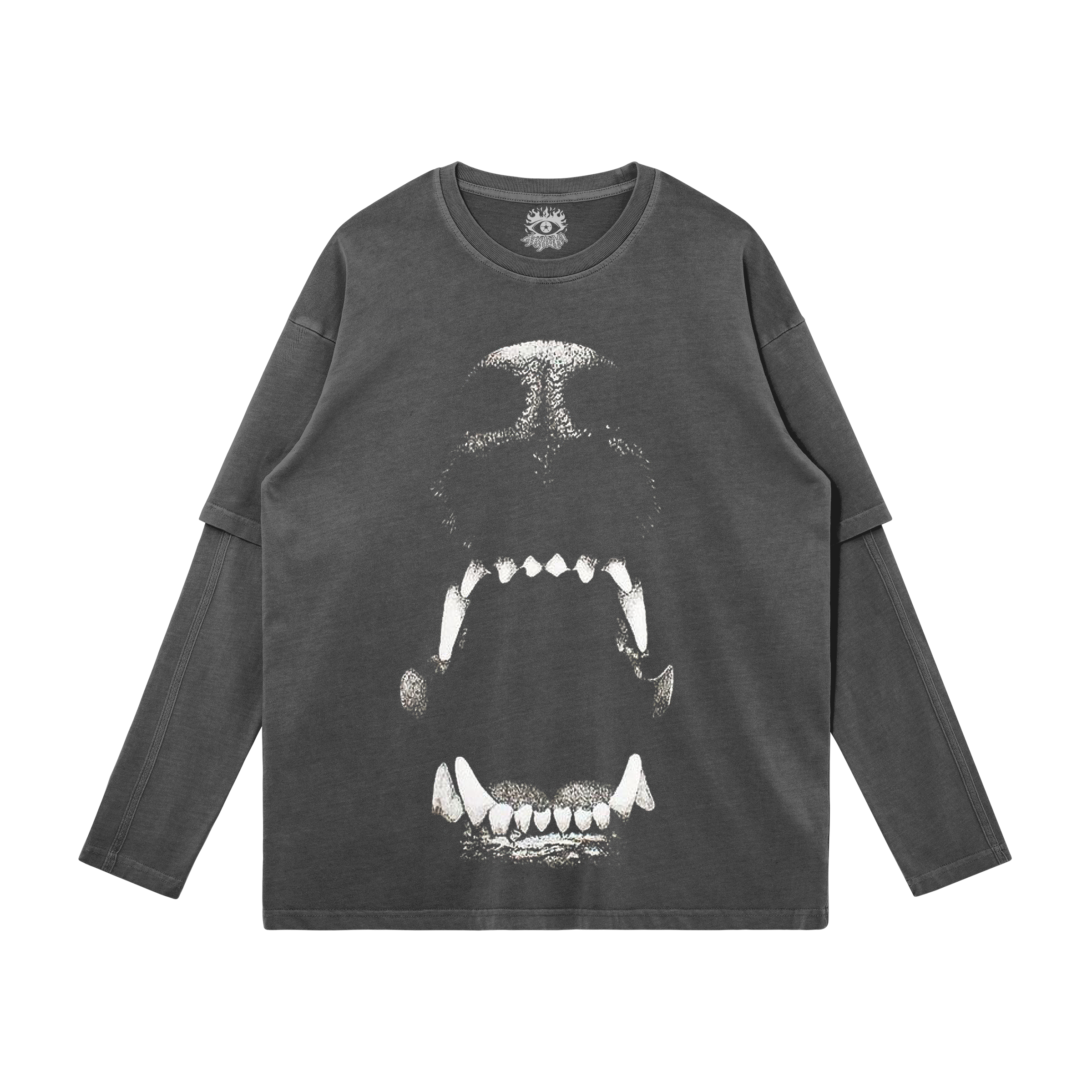 Dog Bite Streetwear Faux Layered Long Sleeve Tee In Faded Dark Grey 230 GSM Durable True To Size