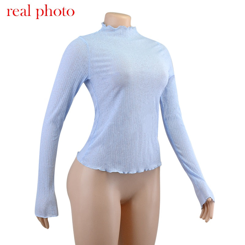 Women’s Sheer Mock Neck Long-Sleeve Top