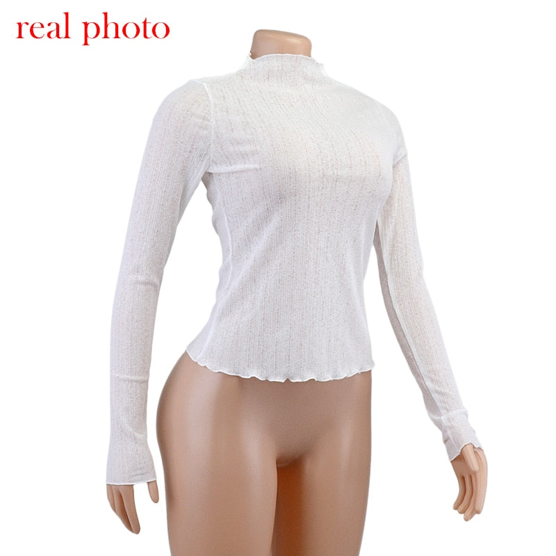 Women’s Sheer Mock Neck Long-Sleeve Top