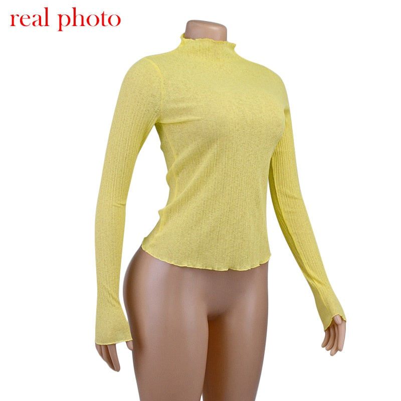Women’s Sheer Mock Neck Long-Sleeve Top