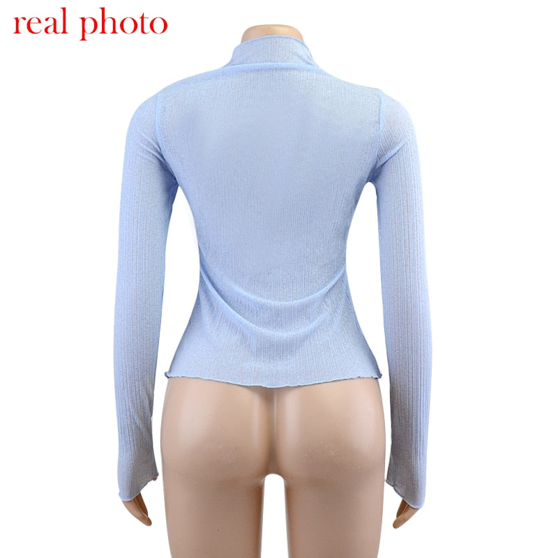 Women’s Sheer Mock Neck Long-Sleeve Top