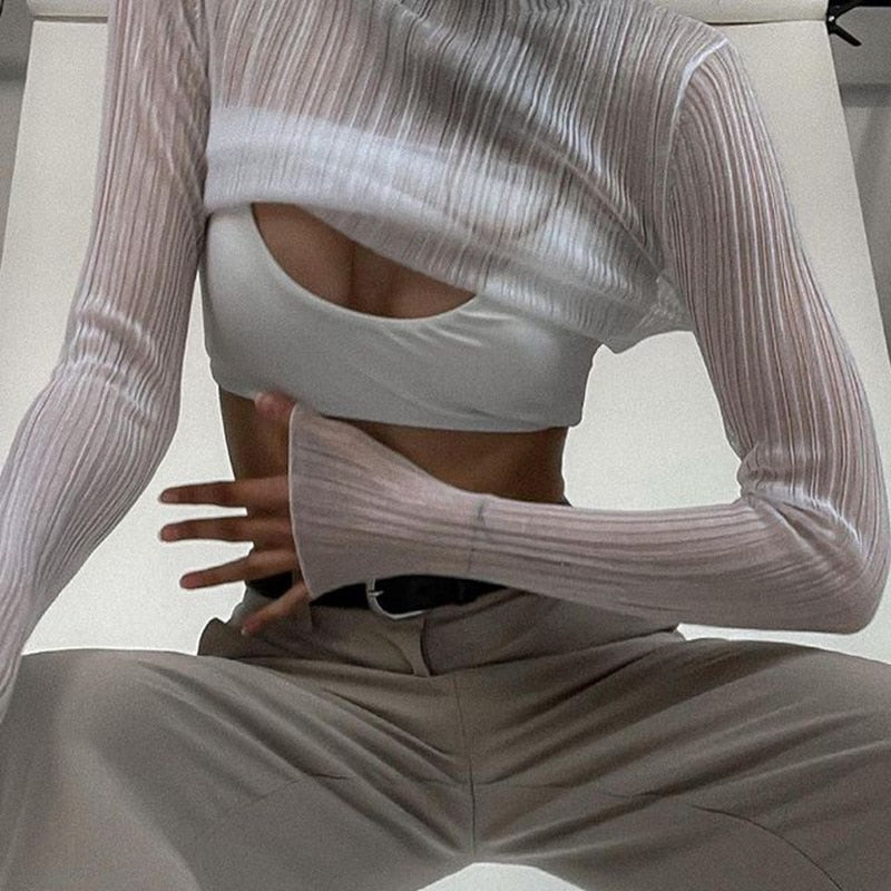 Women’s Sheer Mock Neck Long-Sleeve Top