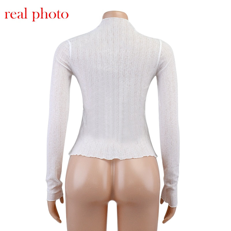Women’s Sheer Mock Neck Long-Sleeve Top