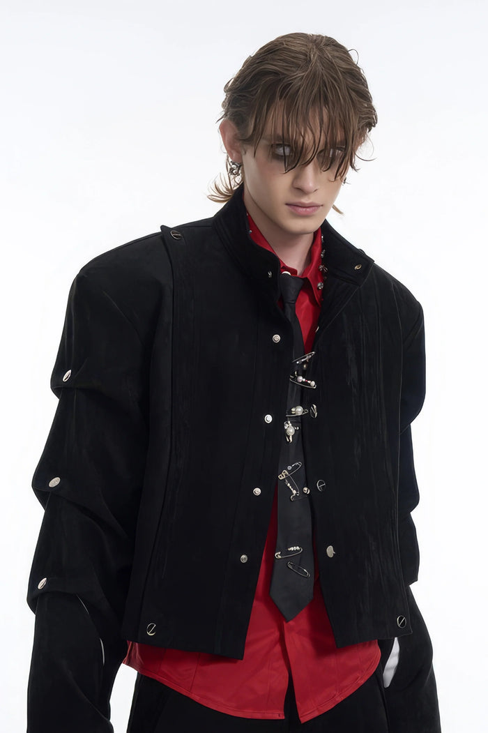 Men's Black Suede Short Jacket - Spring Crinkle Sleeve Coat