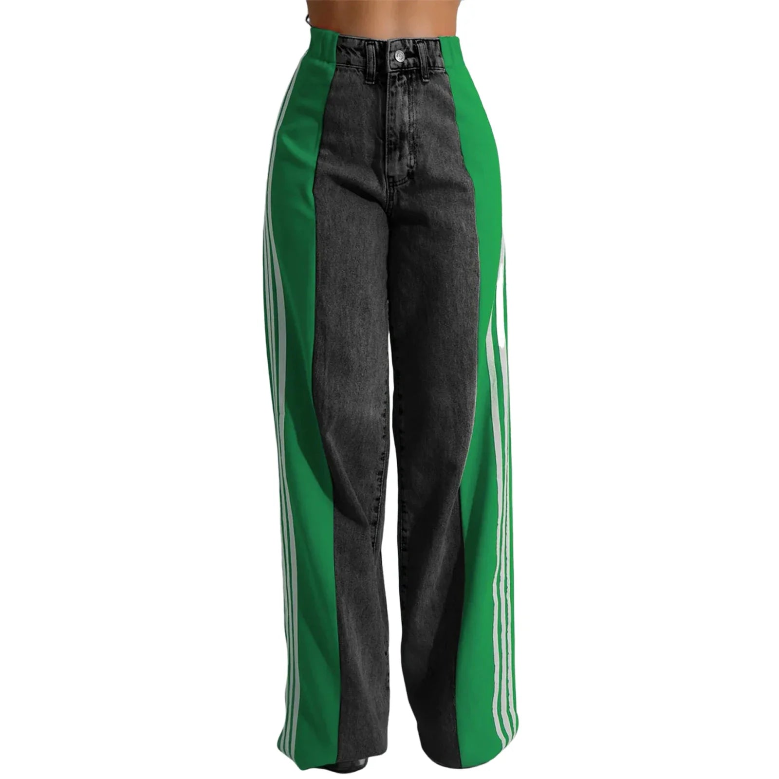 Women's Spring Summer Baggy Jeans Pants High Waist Loose Wide Leg Side Striped Denim Pants Streetwear