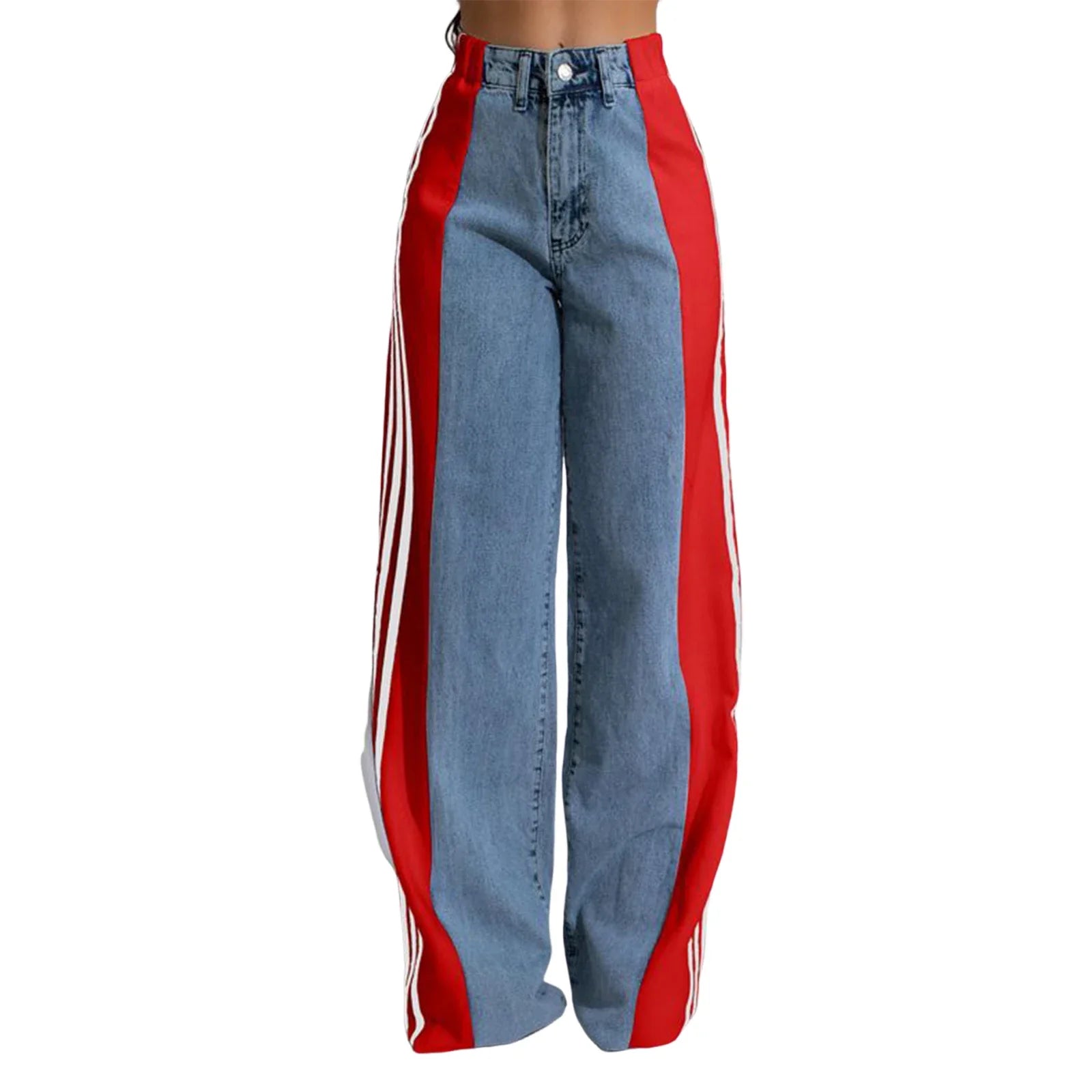 Women's Spring Summer Baggy Jeans Pants High Waist Loose Wide Leg Side Striped Denim Pants Streetwear