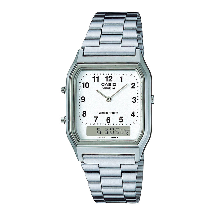 Casio MenÕs Silver Analog Digital Watch White Dial Steel Bracelet - AQ-230A-7B