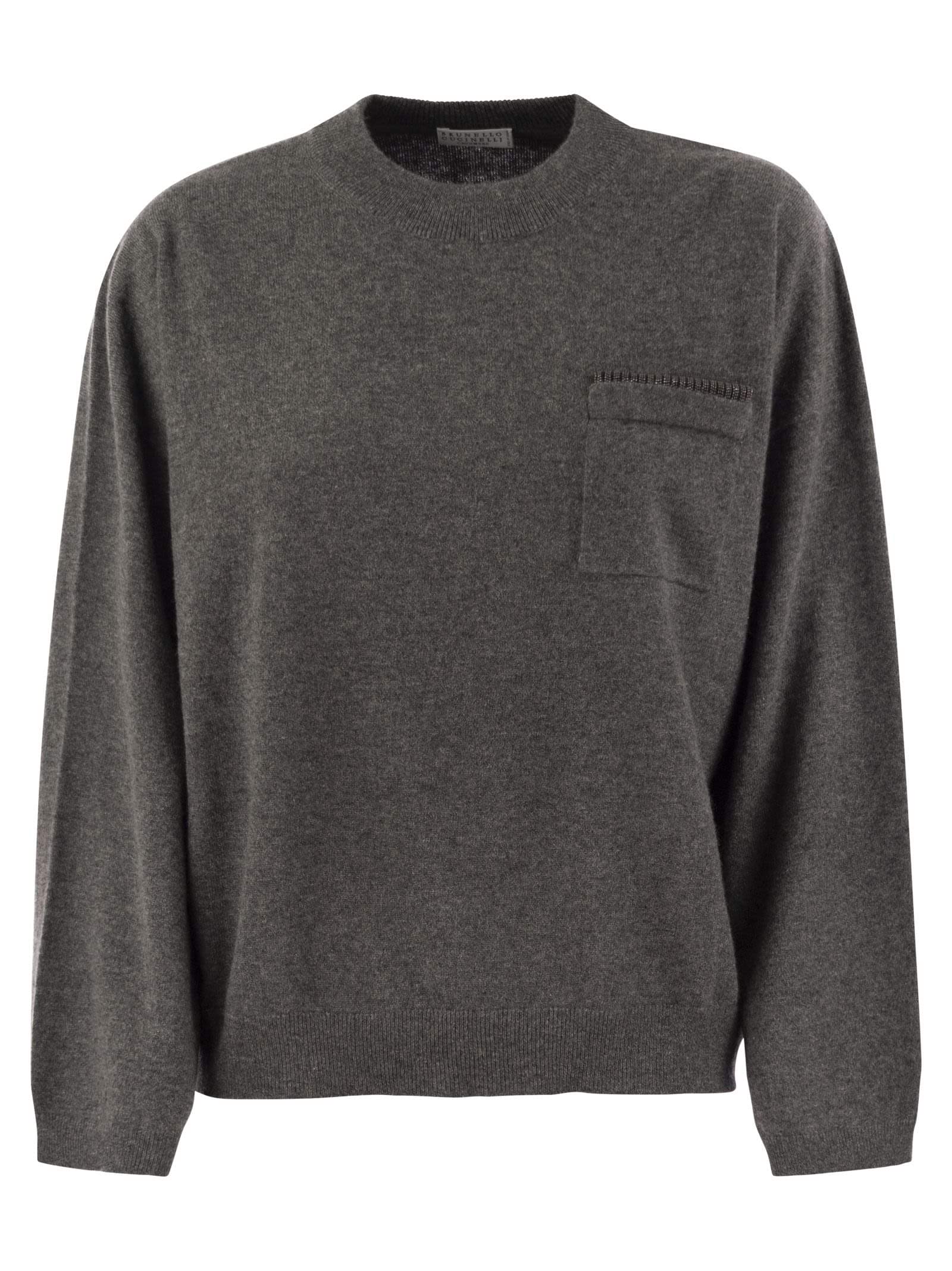 Brunello Cucinelli Women Cashmere Sweater With Breast Pocket And Necklace